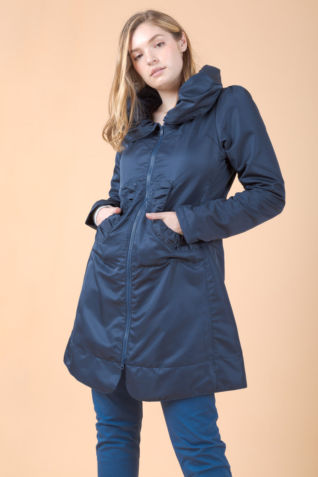 Prairie Underground Long Raincloak in Navy. a Victorian-style Raincoat with a romantic, billowing hood and soft cotton lining.