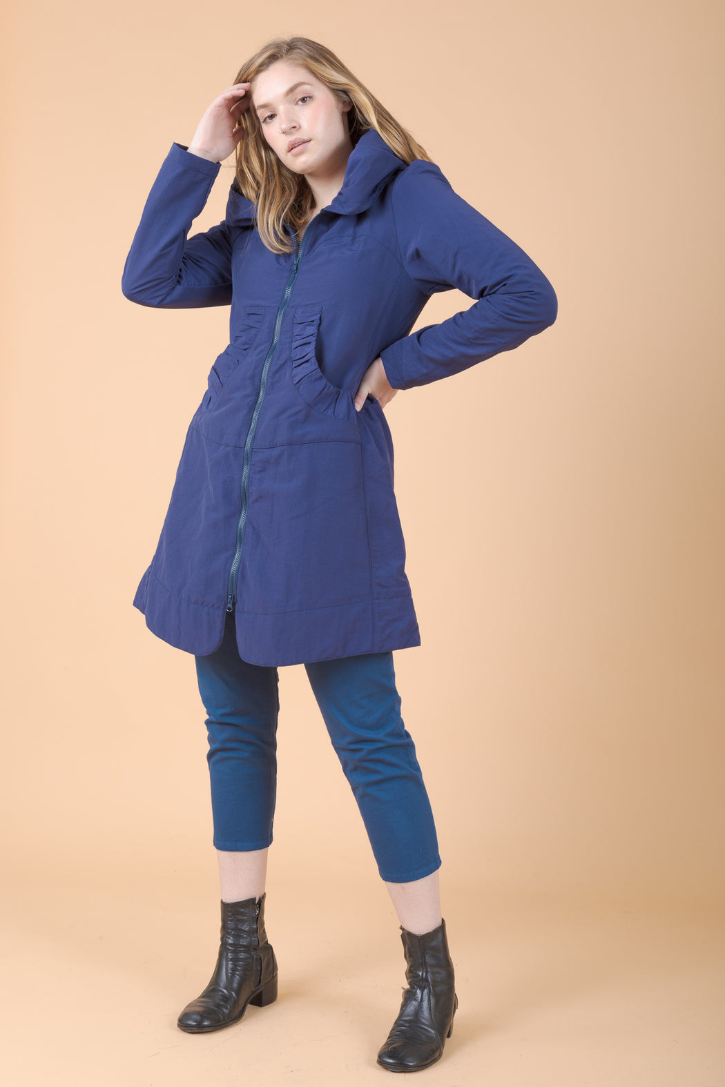 Prairie Underground Long Raincloak in Paris Blue. a Victorian-style Raincoat with a romantic, billowing hood and soft cotton lining.