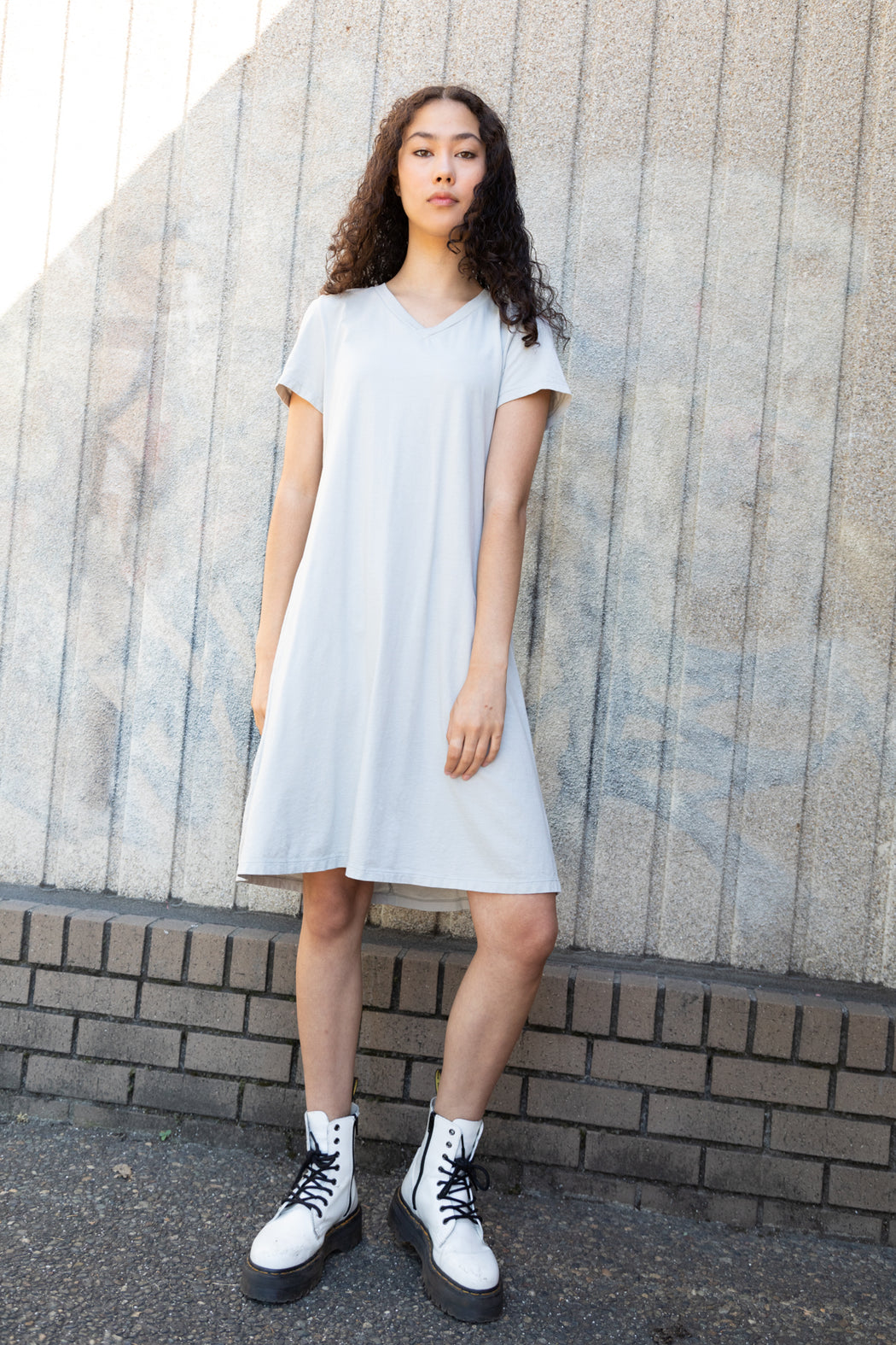 Photo of v-neck organic cotton short sleeve dress.